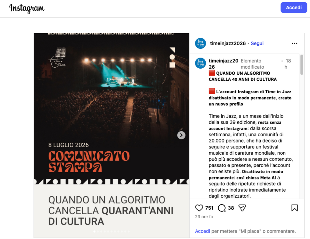 Quando un algoritmo cancella quarant’anni di cultura: il caso del festival Time in Jazz